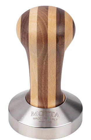 Motta - Edelstahl Tamper mit gestreiftem Holzgriff